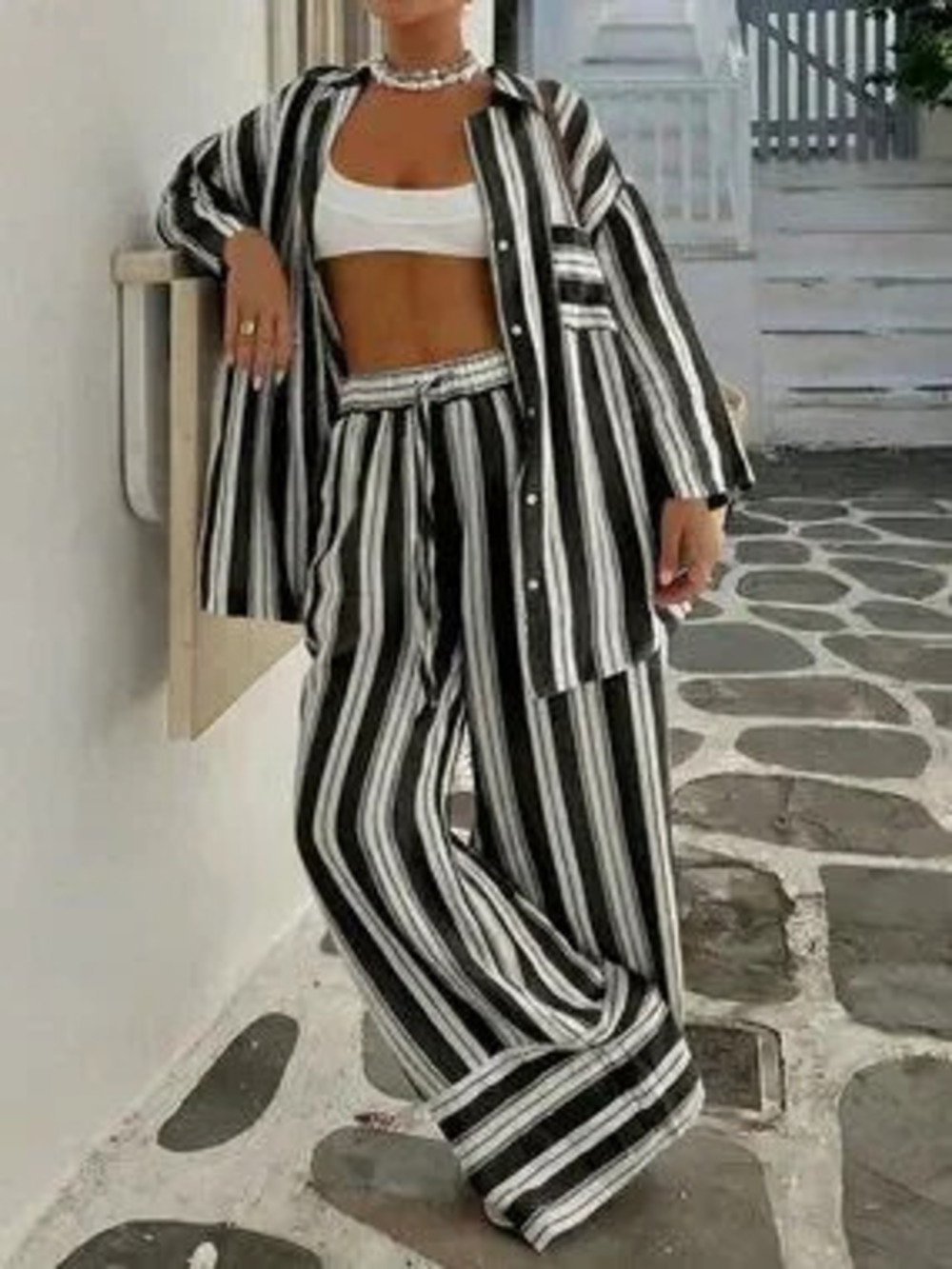 ZARA Black Boho Women's Casual Striped Tie-Front Pocket Shirt & Pants Set
